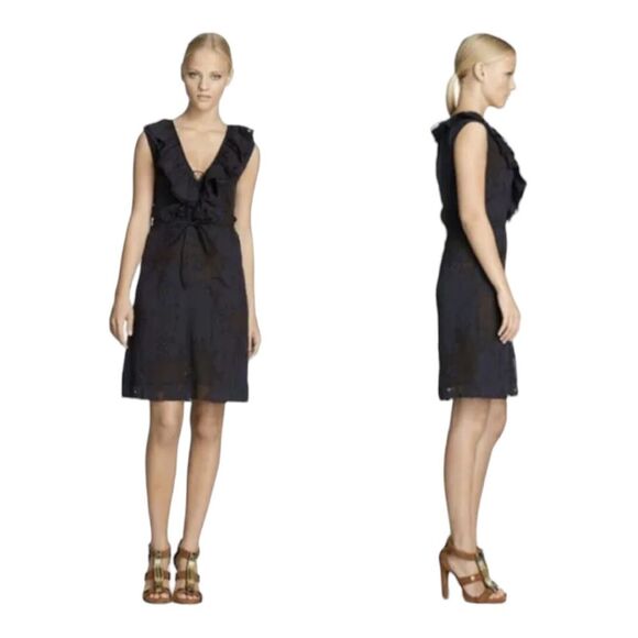 Tory Burch Lallie Silk Floral Sleeveless Ruffle Dress Navy Blue Size 12 - Picture 6 of 6